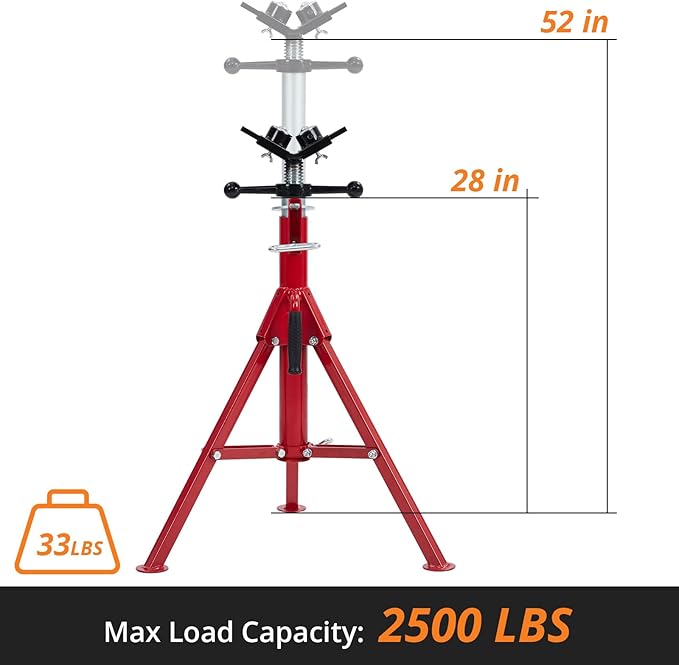 Garvee V-Head Pipe Jack Stand with 2-Ball,28-52 in Adjustable Height,1/8 in-12 in Capacity, 2500 LB Load Capacity,Heavy Duty Carbon Steel Body, Steel Jack Stands with Portable Folding Legs