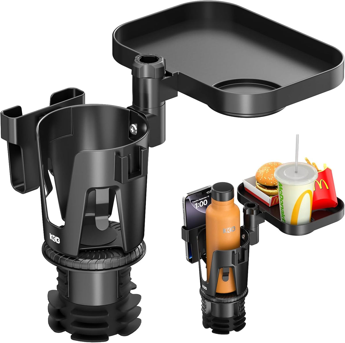 KDD Car Cup Holder Expander - 3 in 1 Cup Holder Adapter with Adjustable Base - Detachable Phone Holder & 360° Rotation Food Tray for Car - Compatible with Vehicles, Car, Road Trip Essentials