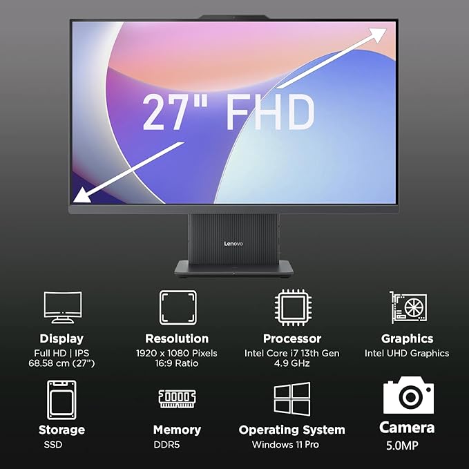 Lenovo IdeaCentre 27" All-in-One Desktop PC, Intel Core i7-13620H 10-Core 4.9GHz, 16GB DDR5 RAM, 512GB PCIe SSD, 5MP Webcam, Harman Audio, WiFi 6, Windows 11 Pro, Luna Grey AIO 27