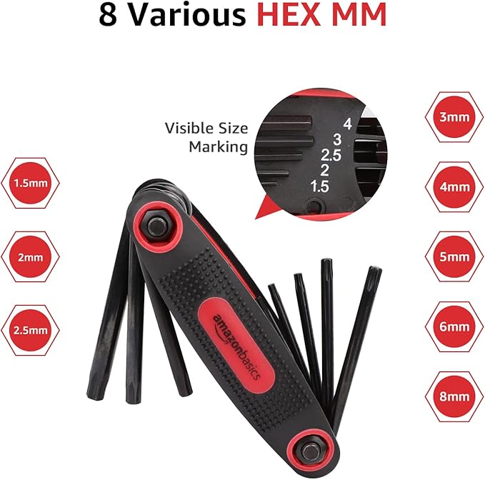 Amazon Basics Folding Hex Key Set, Metric, SAE, and Star Sizes, Chrome Vanadium Steel, 3-Pack