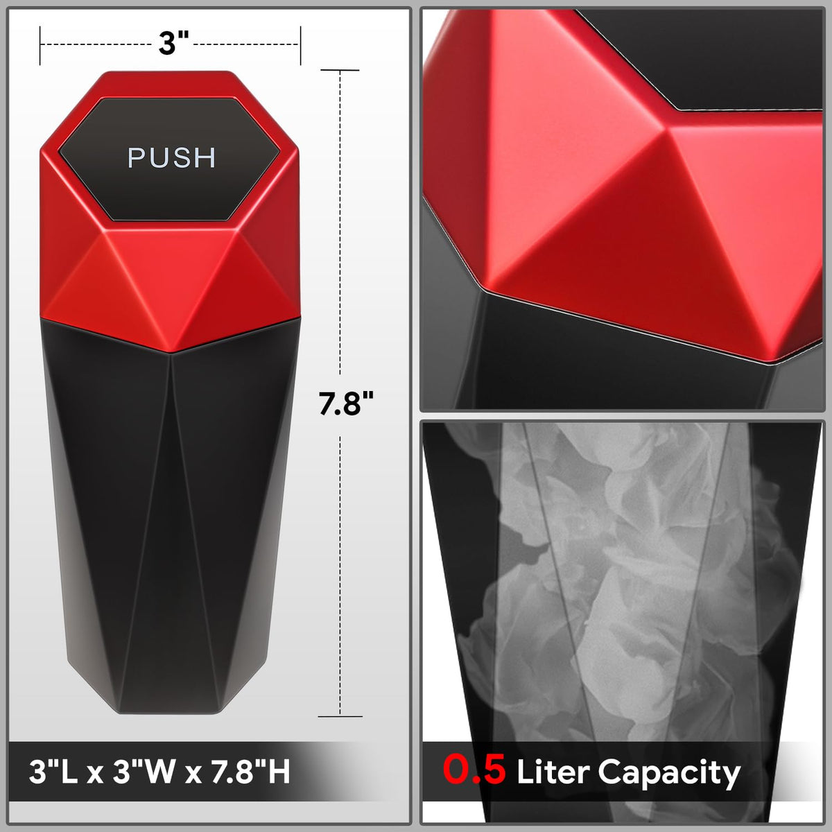 DNA Motoring Mini Car Auto Trash Can with Removable Lid, Leakproof Mini Garbage Bin for Automotive Home Office,Black/Red,ZTL-OD-01-RD