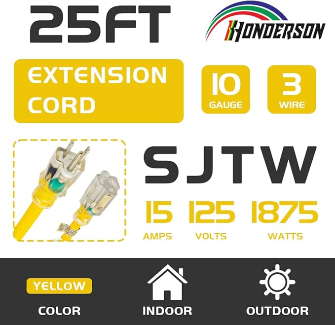 Indoor Outdoor Extension Cord Weatherproof with Lighted End, UL Listed, 10 Gauge 25FT Yellow 3 Prong Heavy Duty, 10/3 SJTW 15A Power Cord for Outdoor Lights, Lawn