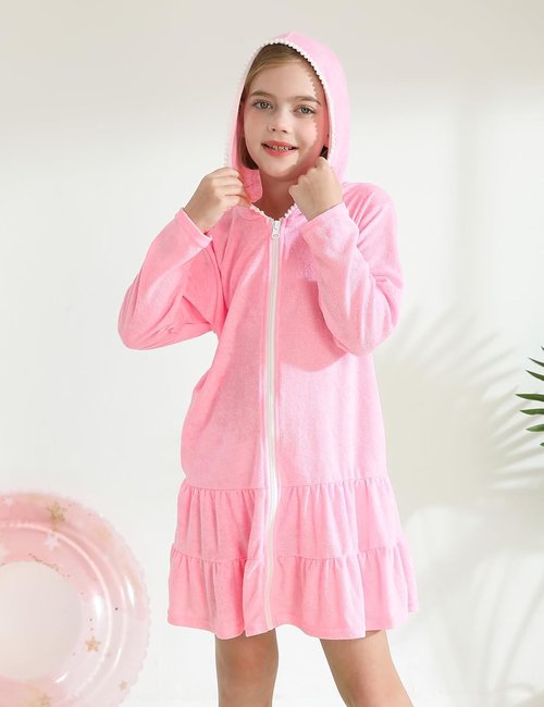 LUCKYGAL Girls Swim Cover-Up - Long Sleeve Terry Swimsuit for Beach & Pool Fun | Stylish with Sunglasses