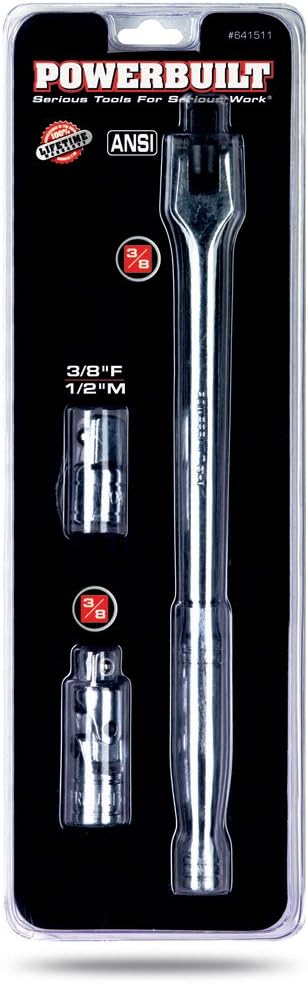 Powerbuilt Flex Head 3/8-Inch Drive Breaker Bar Extension with Socket Adapter and Universal Joint Set, 10 Inches Long Flex Handle, 3/8" Drive Female by 1/2" Drive Male Adapter - 641511