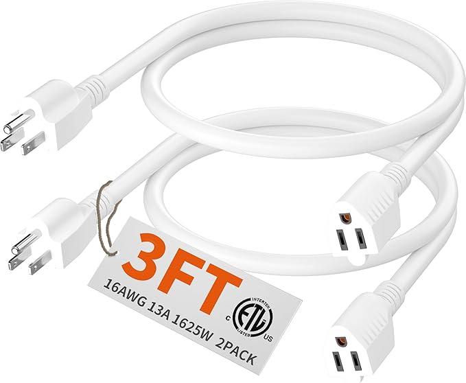 HUANCHAIN Indoor Outdoor White Extension Cord 2-Pack 3 ft Waterproof, 16/3 Gauge Flexible Cold-Resistant Appliance Extension Cord Outside, 13A 1625W 16AWG SJTW, 3 Prong Electric Cable, ETL