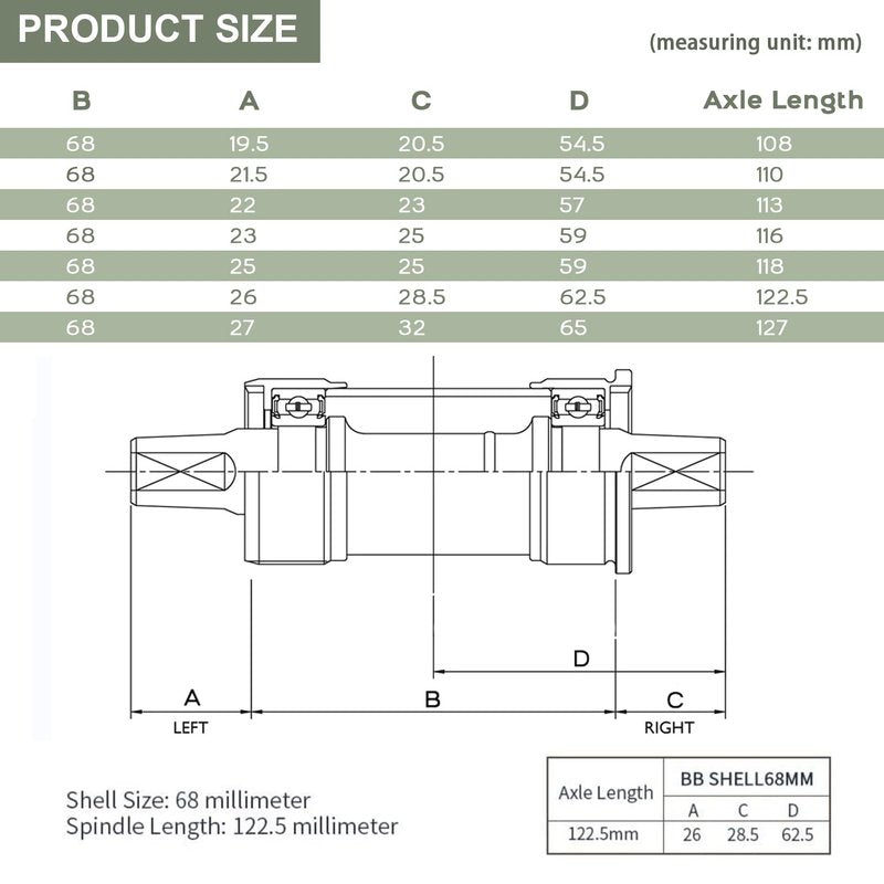 Thinvik Square Tapered Bottom Bracket - 68mm English BSA Compatible with Shimano BB-UN26/BB-300/BB-100/BB-101, 68mm x 107 110 113 116 118 122.5 127