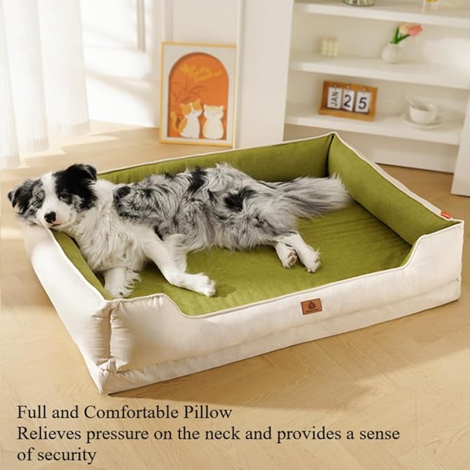 Large Dog Bed with Removable Washable Cover & Bolsters - Waterproof, Non-Slip Pet Sofa for Big Dogs(Green,34 * 23 * 9in)