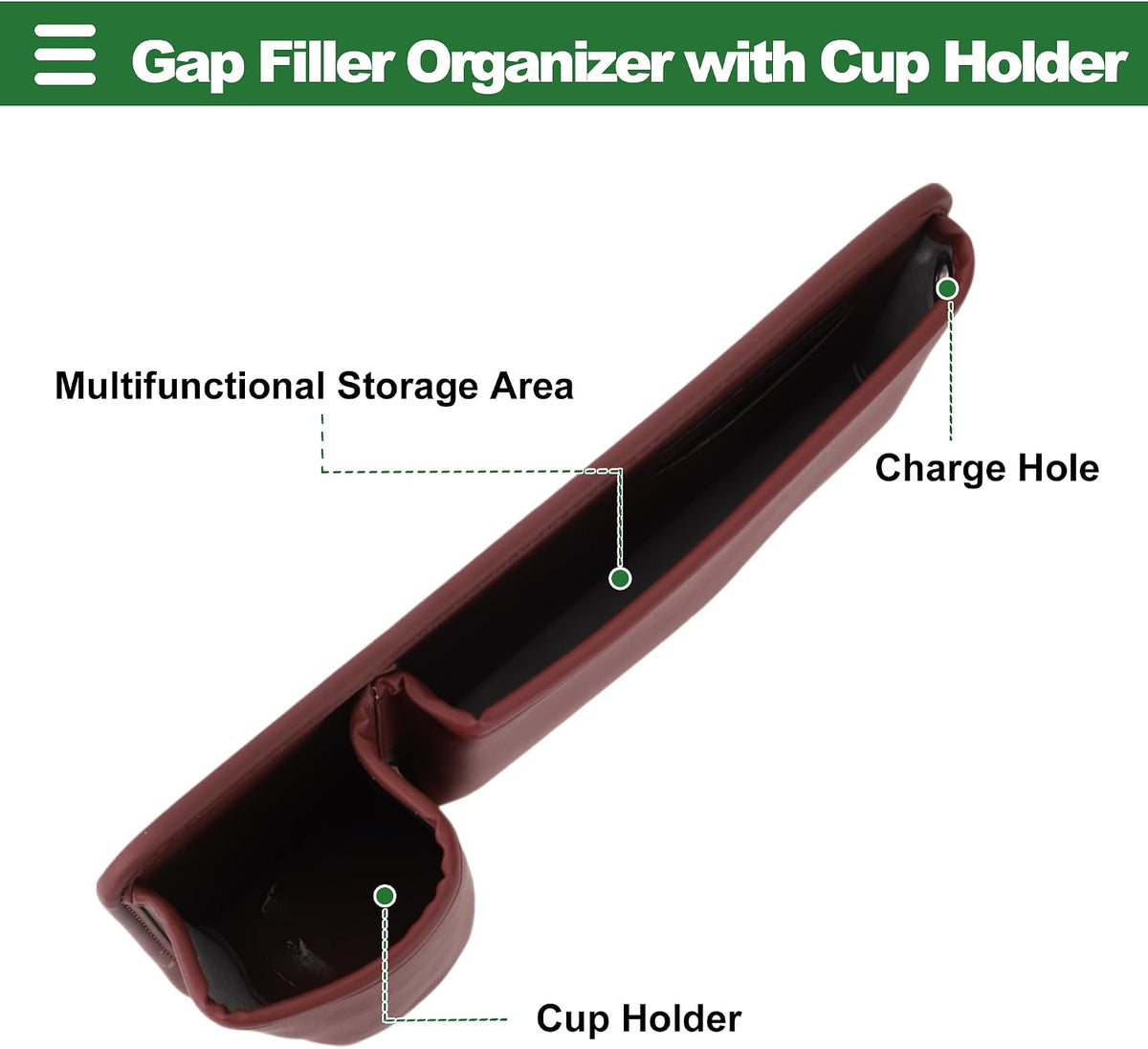 Motoforti Universal Car Seat Gap Filler Organizer Front Seat Gap Filler with Cup Holder Car Storage Accessories, Driver Side, Faux Leather, Wine Red