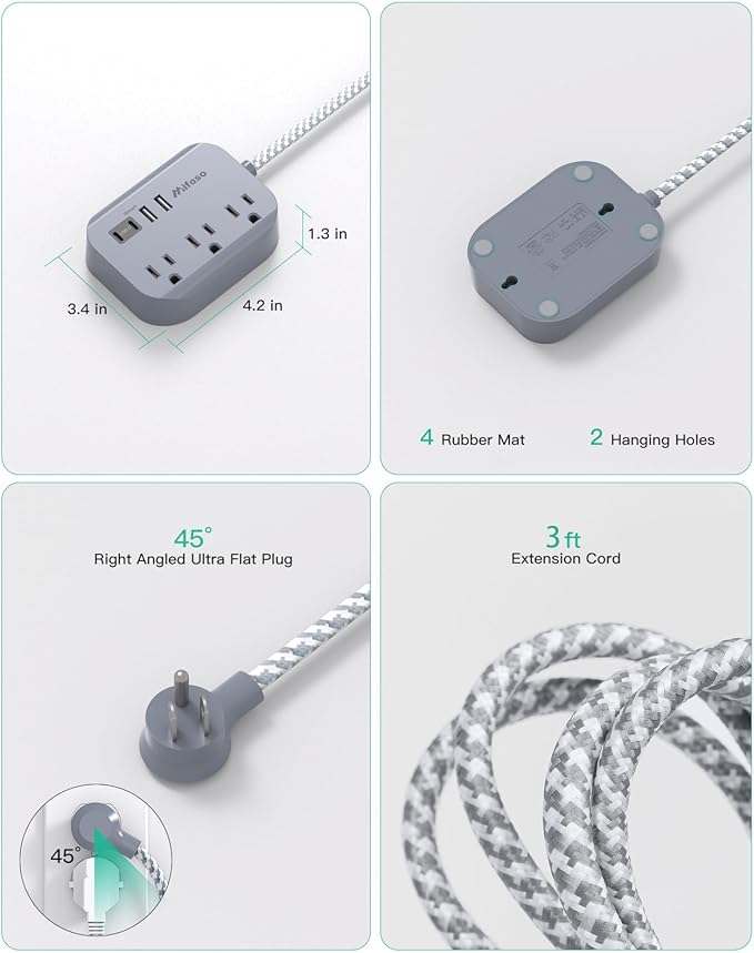 Cruise Ship Essentials - 3Ft Flat Extension Cord with Multiple Outlets, Power Strip USB Charging Station with Non Surge Protector for Cruise Ship, Travel, Dorm Room Essentials, Grey