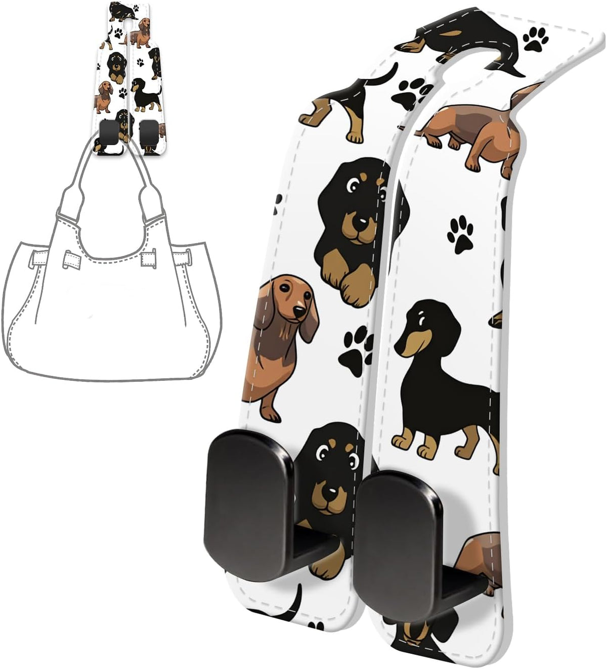 PU Leather Car Seat Hook, Storage Headrest Hanger, Cute Car Backseat Organizer, Car Hooks For Purses and Bags, Cute Dachshund