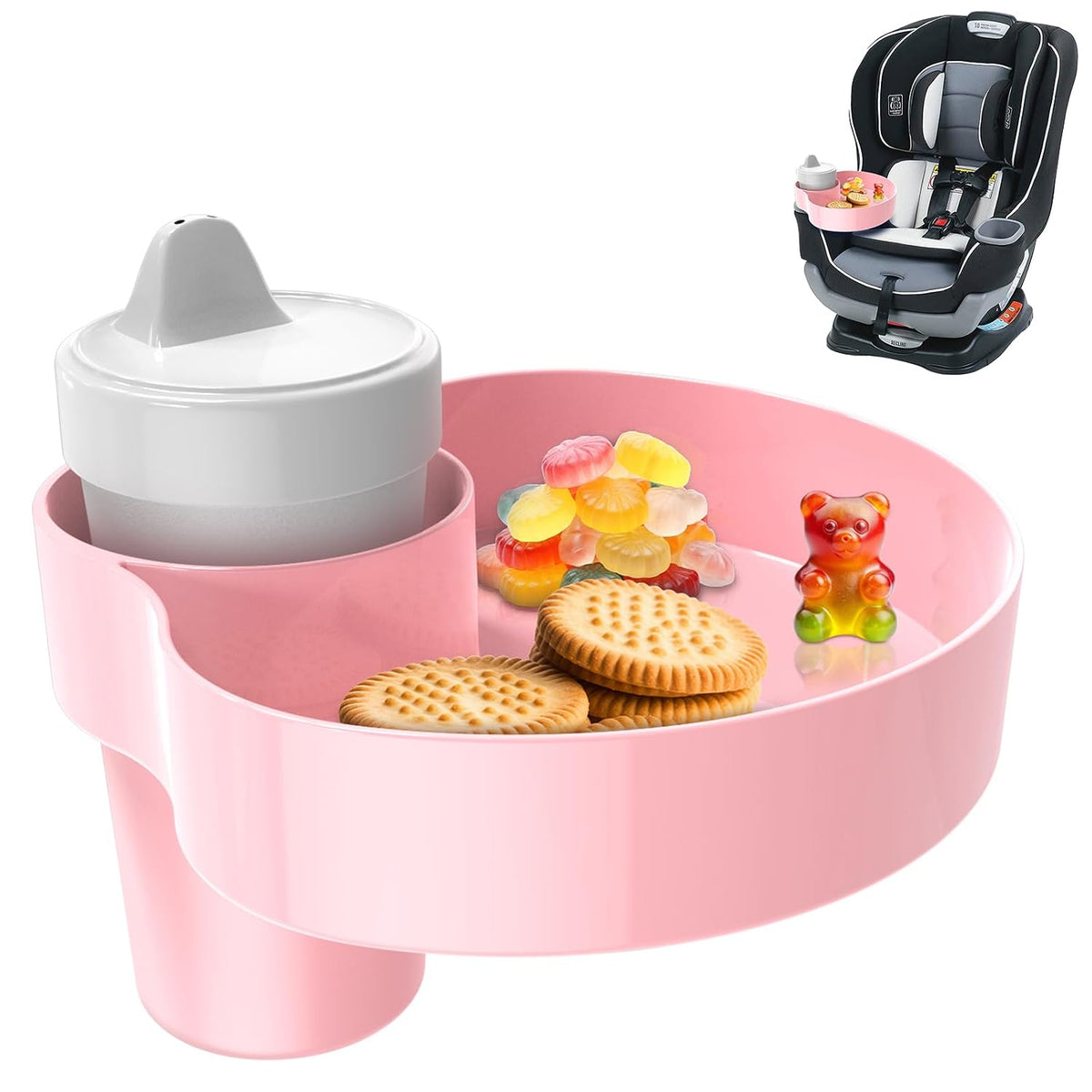 Car Seat Snack Tray: Travel Tray for Kids Carseat Cup Holder with Food Trays, Stroller Snacks Plate for Toddlers, Kid Road Trip Essentials, Pink