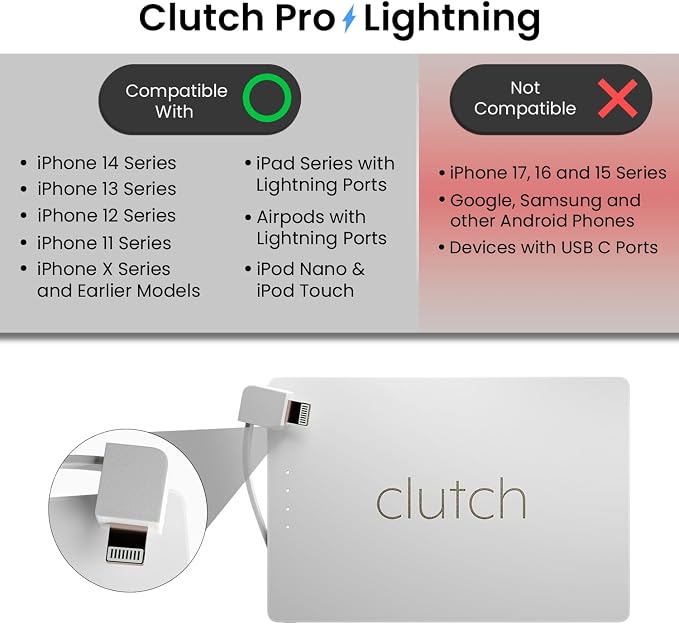 Clutch Pro – World's Thinnest iPhone Charger – Portable Power Bank 5000mAh – Magnetic Built-in Lightning Cable – TSA Approved Travel Charger – iPhone 14 & Earlier – White