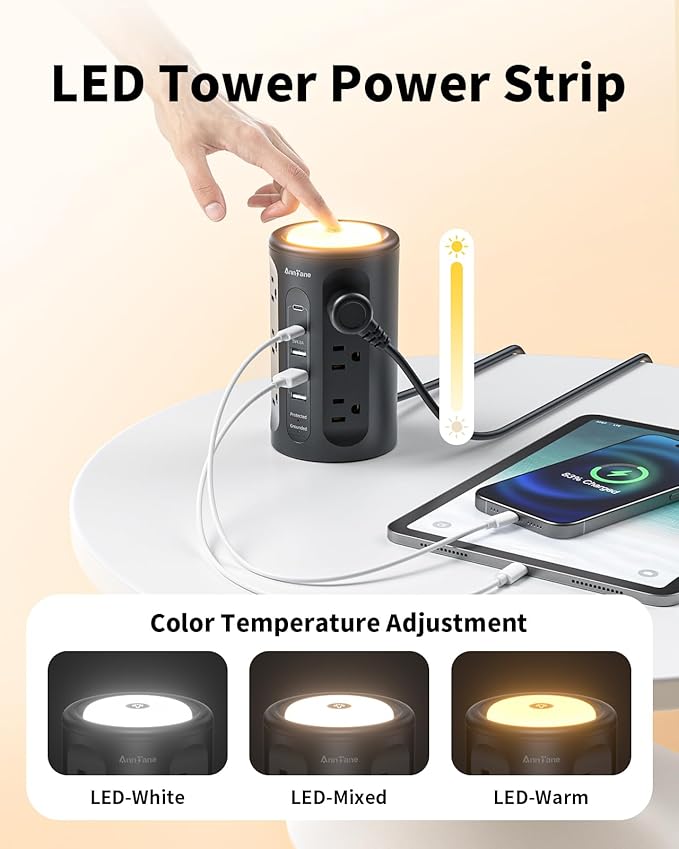 AnnTane Power Strip Tower with Night Light, Power Strip Surge Protector with USB Ports, Extension Cord 10 FT with Multiple Outlets (12AC+3A+2C) for Home Office Desk DormRoom (Black)
