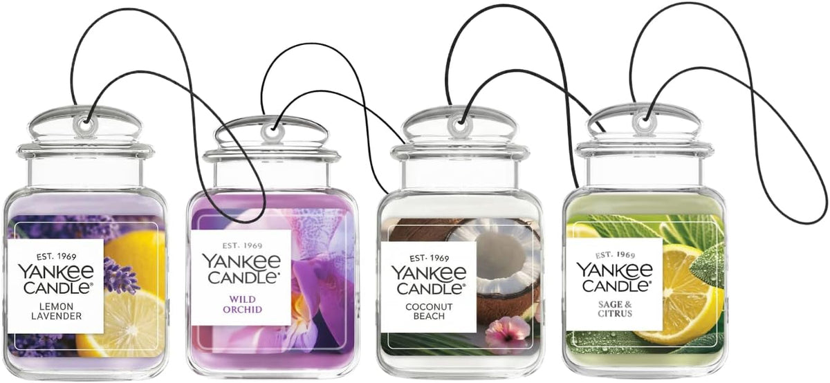 Yankee Candle Car Jar Ultimate Air Freshener, Long Lasting Car Fragrance, Coconut Beach, Lemon Lavender, Sage & Citrus, Wild Orchid (Variety Pack of 4)