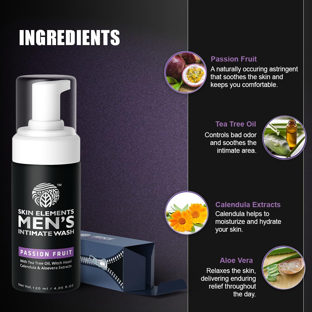 Skin Elements Intimate Wash for Men - Passion Fruit | pH Balanced Foaming Formula | Prevents Itching & Odor (4.05 Fl Oz)