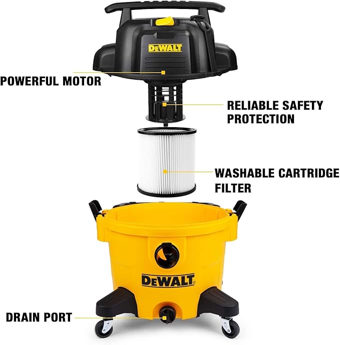 DEWALT 9 Gallon Poly Wet/Dry Vac DXV09PZ, Shop Vacuum for Workshop/Jobsite Yellow