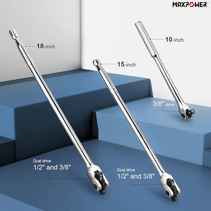 MAXPOWER 3Pcs Breaker Bar Set, Included 15 inch and 18 inch Breaker Bar with Dual Drive 1/2" and 3/8", 1/2" drive Short Bar 10"