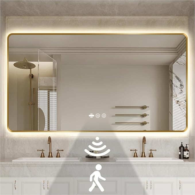 56 x 36 Gold LED Bathroom Mirror, Metal Framed Rounded Corner Rectangle Backlit Mirror Bathroom, Anti-Fog, 3-Color Stepless Dimmable Lighted Mirror, Motion Sensor Lights, Memory Function