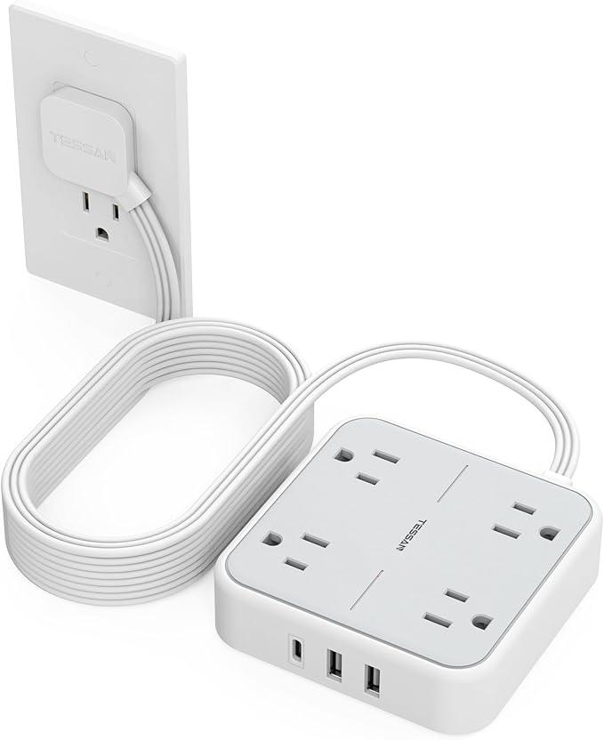 TESSAN Surge Protector Flat Extension Cord 15Ft, Flat Plug Power Strip with 4 Outlets 3 USB Ports (1 USB C), 900 Joules Protection, Multiple Wall Outlet Extender Suitable for Home Office Dorm, Grey