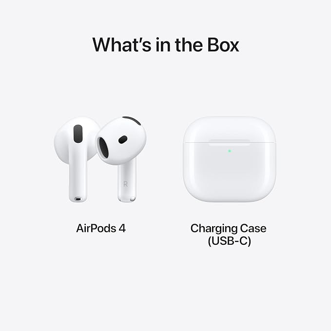 Apple AirPods 4 Wireless Earbuds, Bluetooth Headphones, Personalized Spatial Audio, Sweat and Water Resistant, USB-C Charging Case, H2 Chip, Up to 30 Hours of Battery Life with AppleCare+ (2 Years)