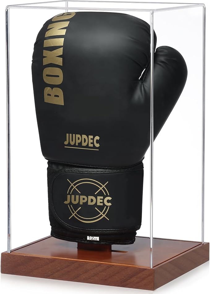 JupDec Boxing Glove Display Case, Clear Acrylic Showcase with Wood Base & Plank for Single Glove, Full Size UV Protection Souvenirs and Collectibles Box, Ideal Gift for Boxing Fans