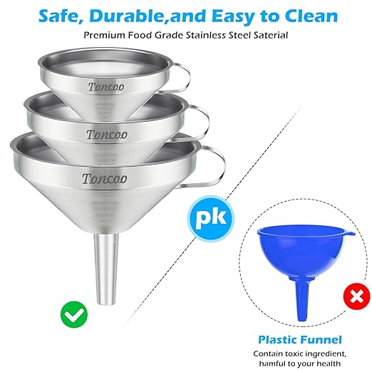 Toncoo 3 Pack Stainless Steel Funnels for Kitchen Use, Food Grade Cooking Funnel with 3 Strainer, Kitchen Funnel Set Metal Funnels for Filling Bottles