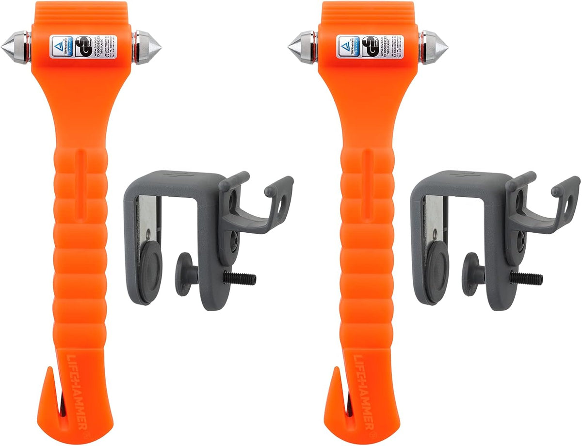 Lifehammer Brand Car Safety Hammer, the Original Emergency Escape and Rescue Tool with Seatbelt Cutter, Made in the Netherlands, Orange (2-Pack)