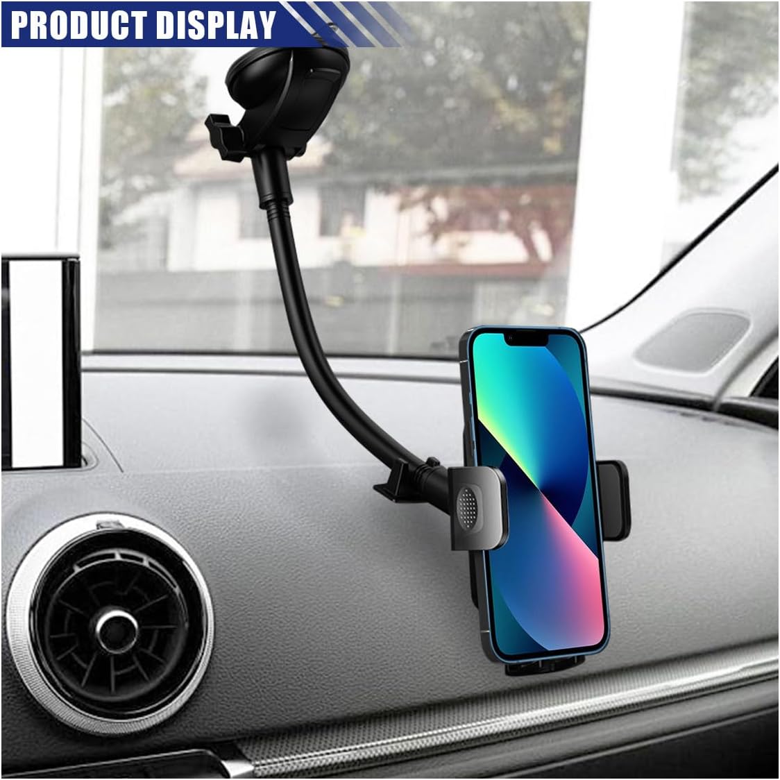 LAINLOY Car Phone Holder Mount, 12 Inch Gooseneck Long Arm Cell Phone Holder, Windshield Window, Dashboard Anti-Shake Handsfree Stand with Strong Suction Cup, Fit for Most iPhone (L005L)