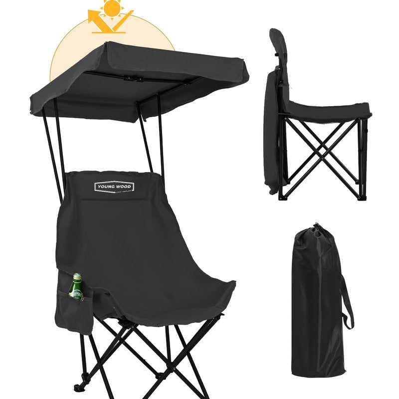 YOUNG WOOD Portable Camping Chair Beach Chair with Shade Canopy, Fold Lightweight Oversized for All, Easy to Open and Close Without Installation, Side Pocket Design for All Outdoor Activities, Black