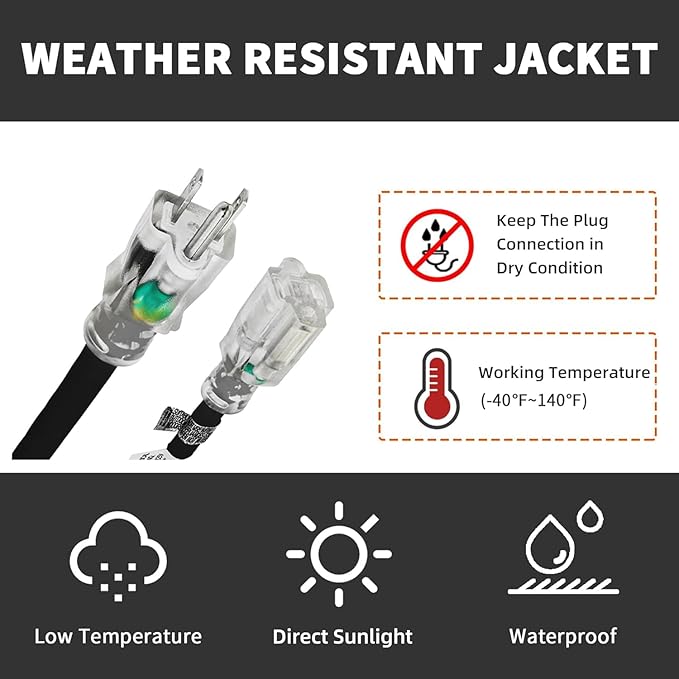 Indoor Outdoor Extension Cord Weatherproof with Lighted End, UL Certified, 12 Gauge 8FT Black 3 Prong Heavy Duty, 12/3 SJTW 15A Power Cord for Outdoor Lights, Lawn
