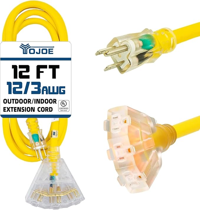 YOJOE 3-Outlets Indoor Outdoor Extension Cord with Lighted End, 3 Prong 15A Weatherproof Power Cord, 12 Gauge Heavy Duty 12 ft Yellow Extension Cord Multiple Outlets, 12/3 SJTW UL Listed