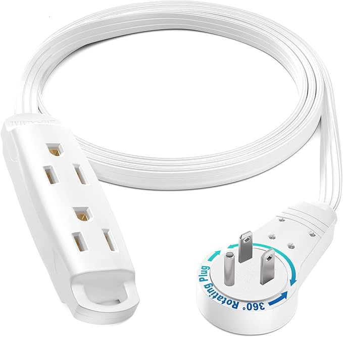 Maximm 360 Degree Rotating Flat Extension Cord 3 Ft Multi 3 Outlet Power Cord Grounded 16 AWG UL Certified, White