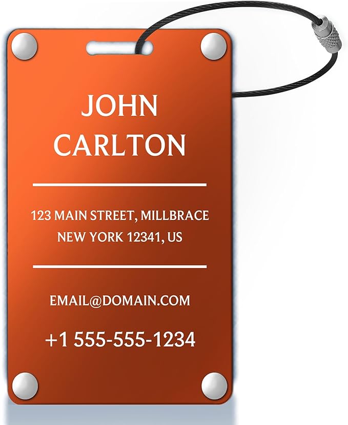 Personalized Luggage Tags for Suitcases - Aluminum Custom Luggage Tags for Backpacks & Bags, Sturdy, Waterproof & Heavy Duty (Orange/Card-Sized)
