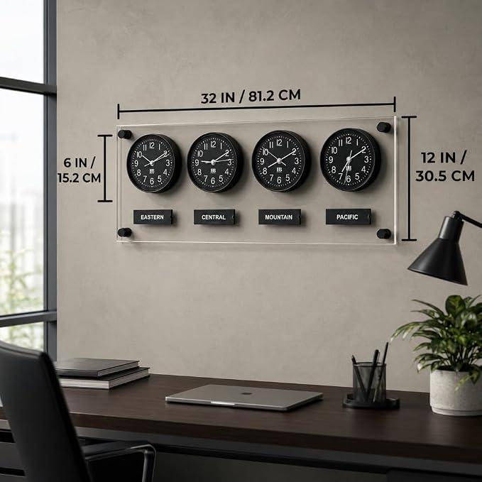 BBHORAIRE Black Time Zone Wall Clock, Silent Quartz Analog World Clock