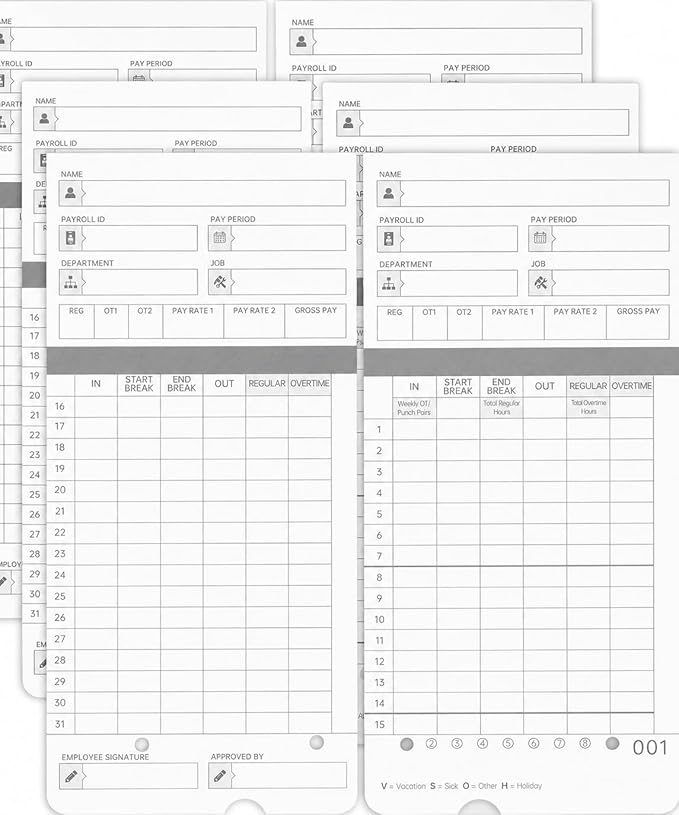 100 time Cards for HN4000, HN4500 time Clocks and More, Card Numbers 1-50