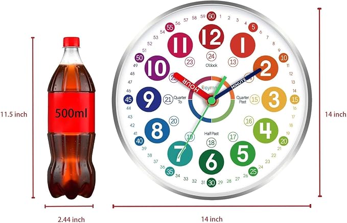 Roymnie Wall Clock Teaching Time Wall Clocks Battery Operated Silent Non Ticking