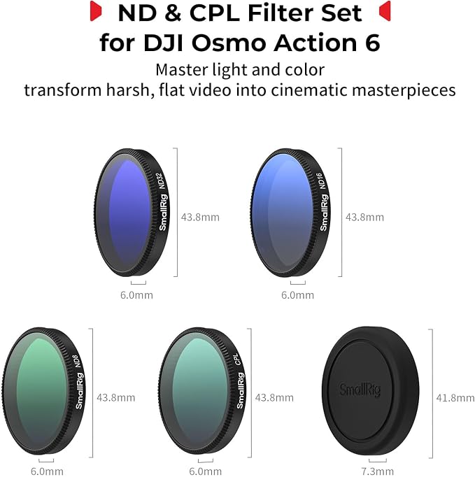 SmallRig ND Filter Kit for DJI Osmo Action 6, 5 Pack CPL ND8 ND16 ND32 Snap-On