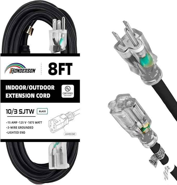 Indoor Outdoor Extension Cord Weatherproof with Lighted End, UL Certified, 10 Gauge 8FT Black 3 Prong Heavy Duty, 10/3 SJTW 15A Power Cord for Outdoor Lights, Lawn