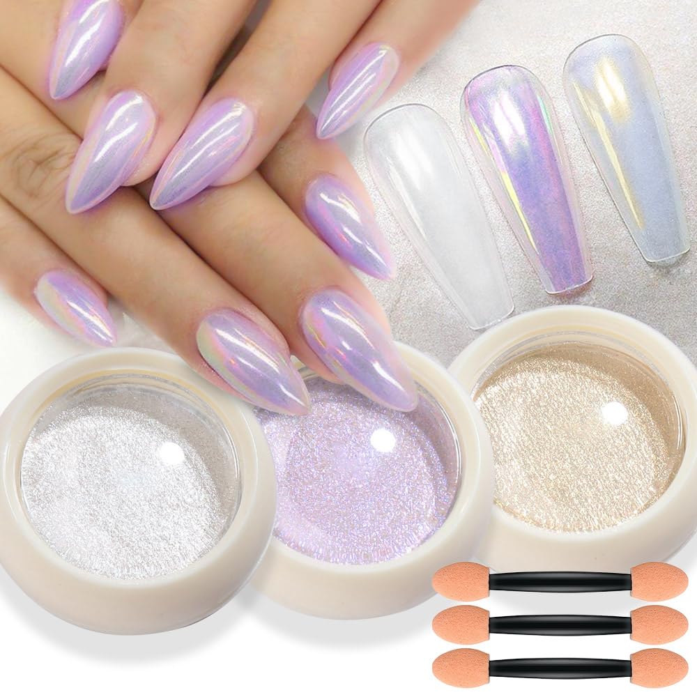 Evpct 3Pcs Chrome Nail Powder Kit For Nails Polish White Purple Yellow Pearl Mermaid Rainbow Holographic Iridescent Chameleon Me