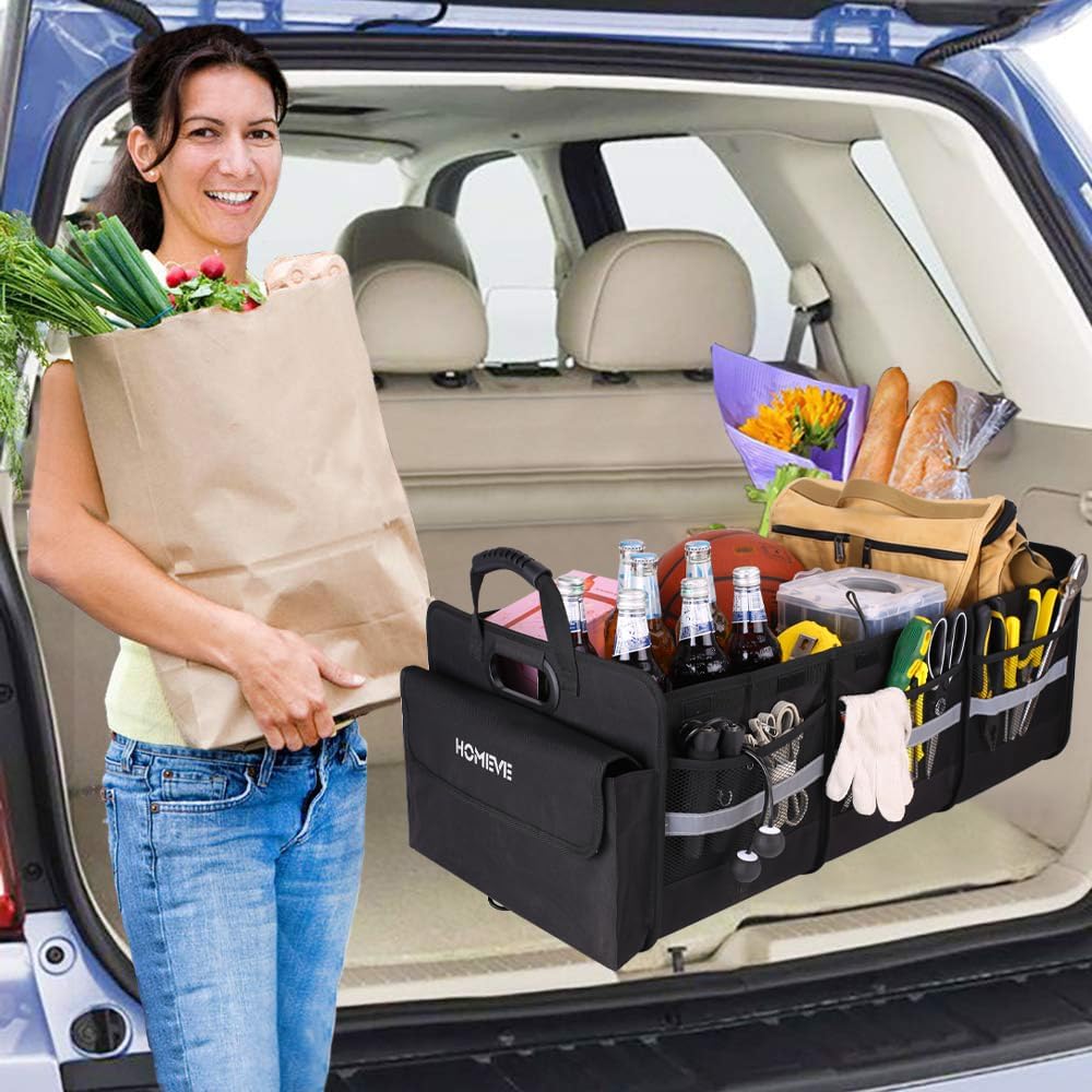 Homeve Trunk Organizer, Car Storage, Reinforced Handles, Collapsible Multi-Compartment, Foldable, Waterproof, Sturdy, 600D Oxford Polyester For Car, SUV, Mini-Van, Black, 3 Compart