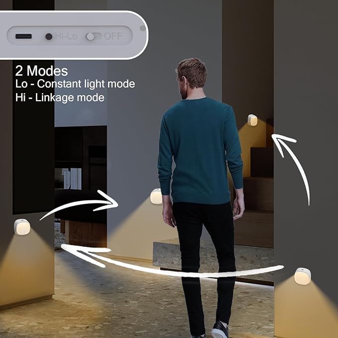 Motion Sensor Night Light Rechargeable - Wireless LED Safety Lights with 6-Month Battery Life, Link Mode Technology, 3000K Warm White for Stair, Hallway, Bedroom Safety (1 Pack)
