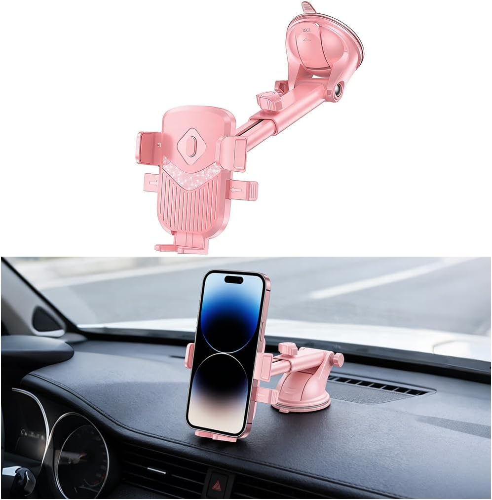 Car Phone Holder, 360° Rotatable Strong Suction Cup Dash Windshield Mobile Phone Mount, Hands-Free Auto Dashboard Cellphone Stand, Universal for Most Smartphones (Pink)