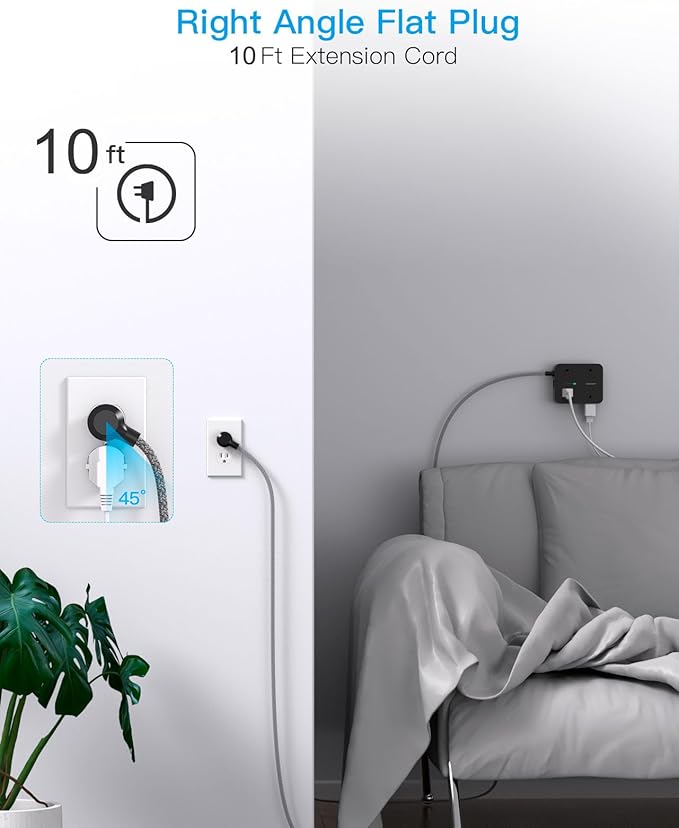 Power Strip Surge Protector 10 Ft Cord, HANYCONY Extension Cord Flat Plug with 8 Outlets 4 USB Ports(2 USB C), Wall Mount, Desk Charging Sation for Home Offcie