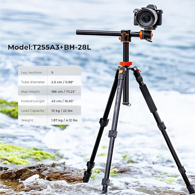 K&F CONCEPT 73 inch /186cm Camera Tripod, Transverse Center Column Aluminium