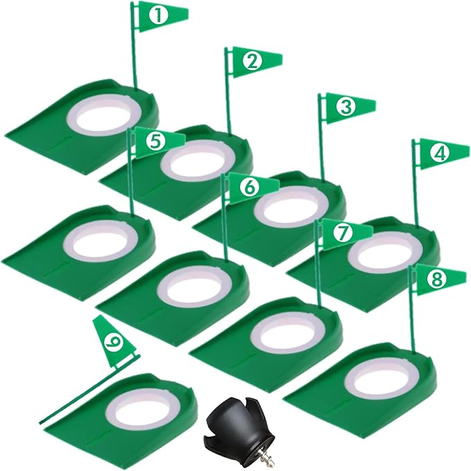 9 Pack Golf Putting Cups with Flags, Plastic Golf Training Aids with Golf Ball Retriever, Putting Training Hole Set for Indoor Outdoor
