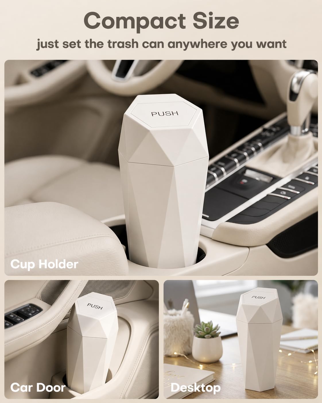 HOTOR Car Trash Can with Lid, Leakproof, Beige, 2 Pack