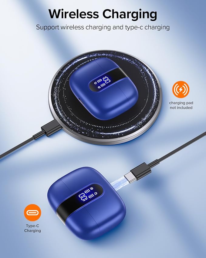 TAGRY Bluetooth Headphones True Wireless Earbuds 60H Playback LED Power Display Earphones with Wireless Charging Case IPX5 Waterproof in-Ear Ear buds with Mic for TV Smart Phone Laptop Computer Sports