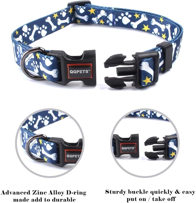 QQPETS Adjustable Soft Dog Collar: Print Flower Pink Multicolor Cute Patterns for XS Small Medium Large Pet Girl Boy Puppy Walking Running Training (S, Bone)