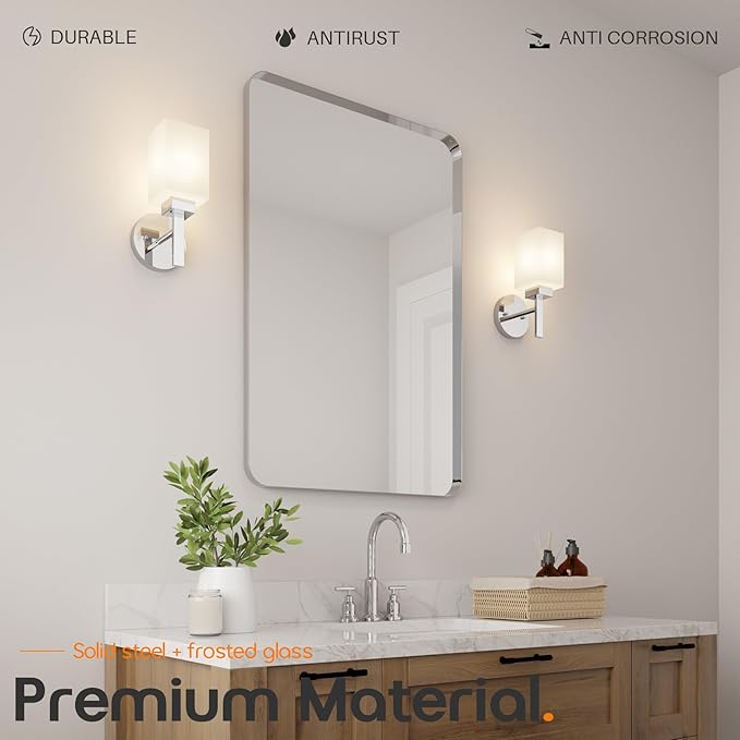 Wall Sconce Polished Chrome Bathroom Light Fixture with White Frosted Glass Shade, Vanity Lightings for Mirror Hallway Entrance Porch T002CH-L1