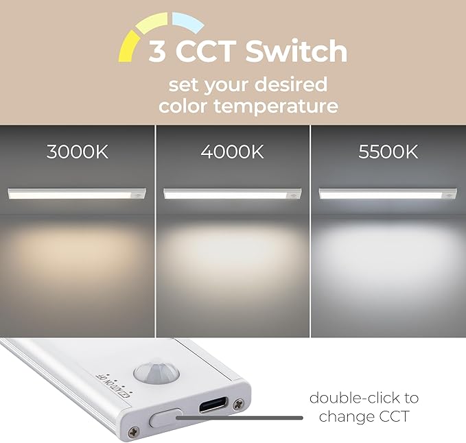Magnetix 8in Re-Chargeable LED Under Cabinet Motion Sensor Light Bar with Magnetic Mounting Clips, Dimmable and 3-CCT Selectable in Brushed Aluminum for Kitchen and Closet